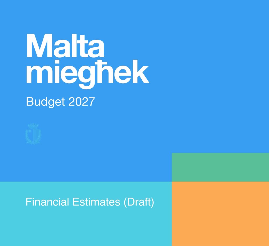 Cover of the Budget 2027 Financial Estimates Draft titled “Malta miegħek”